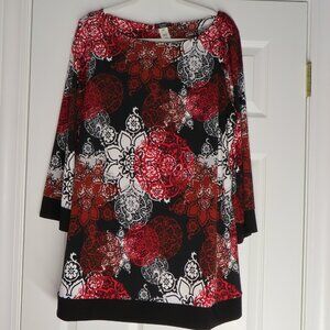 Cocomo Womens Print Top Size 2X Black Red White Artsy Office Geometric Work
